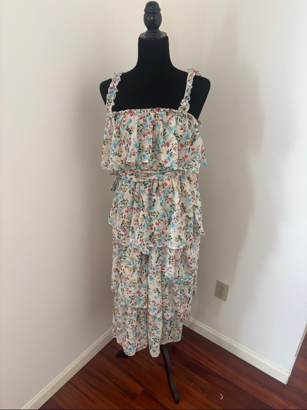 A. Calvin  by Flying Tomato Floral Ruffle Tiered Maxi Dress in Cream